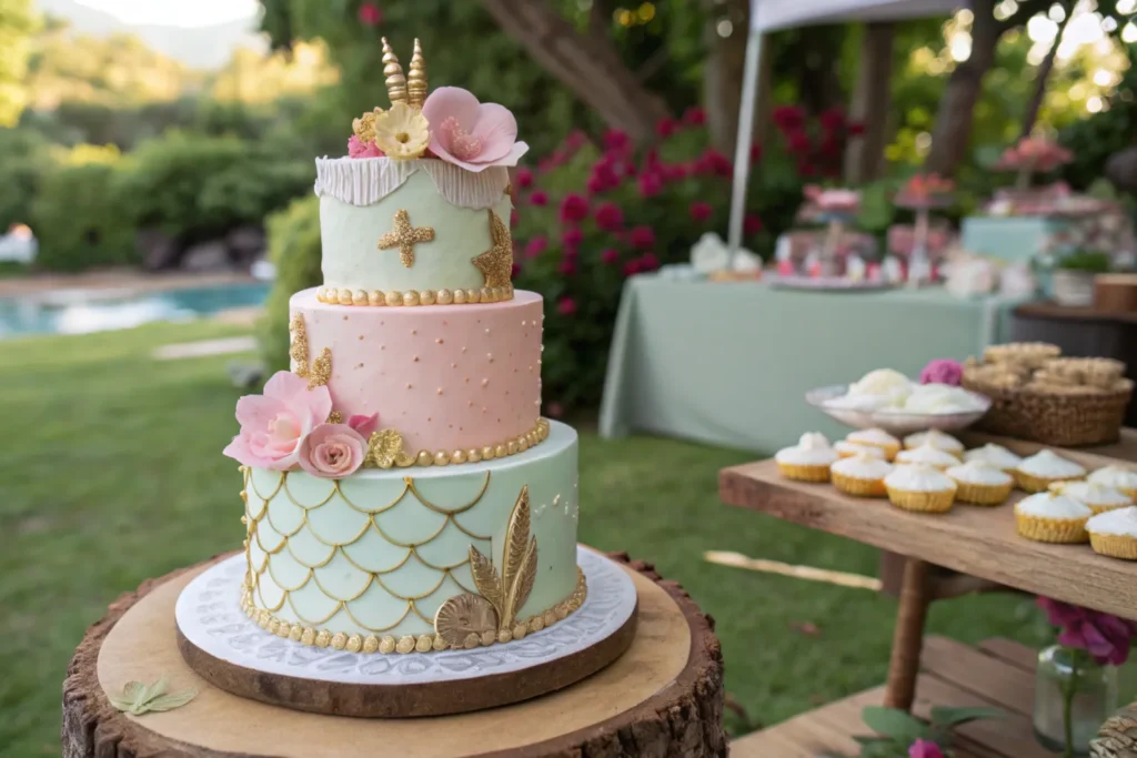 Mermaid cake with ombré frosting, mermaid tails, and seashells.