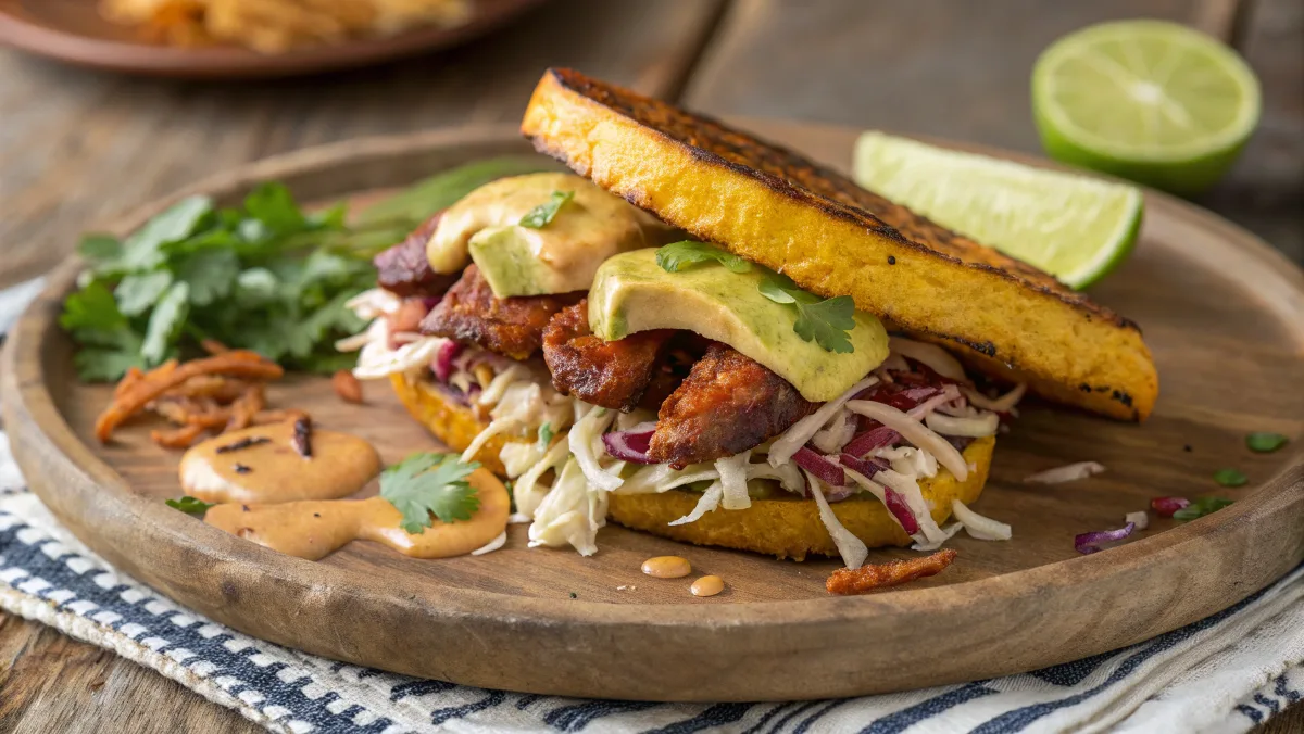 Traditional Oaxacan plantain sandwich with chorizo, avocado, and chipotle mayo.