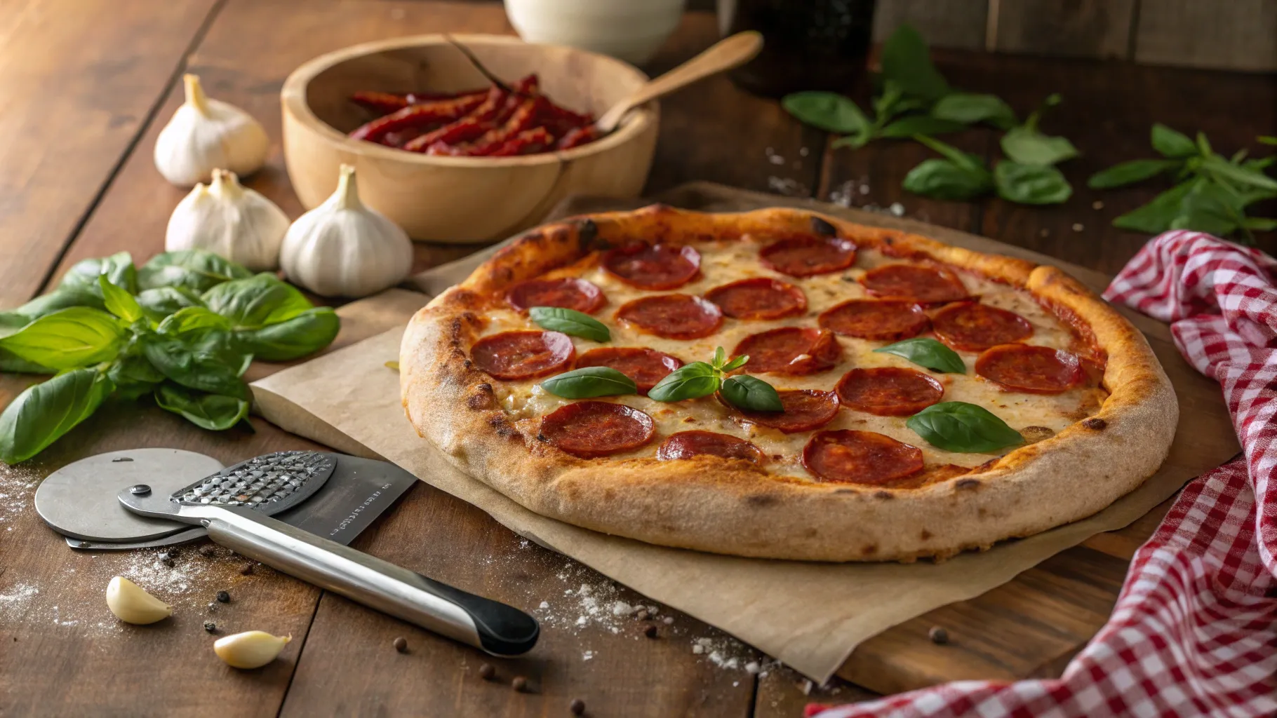 Gourmet pizza topped with old world pepperoni and fresh basil.