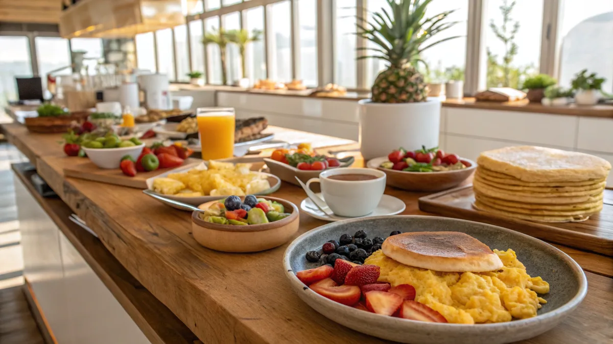 A beautifully arranged breakfast buffet for a crowd with various dishes.