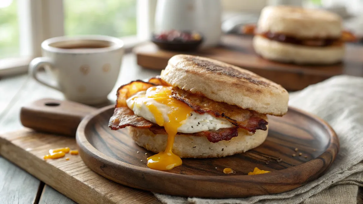 Gourmet breakfast sandwich with sauce on a wooden plate