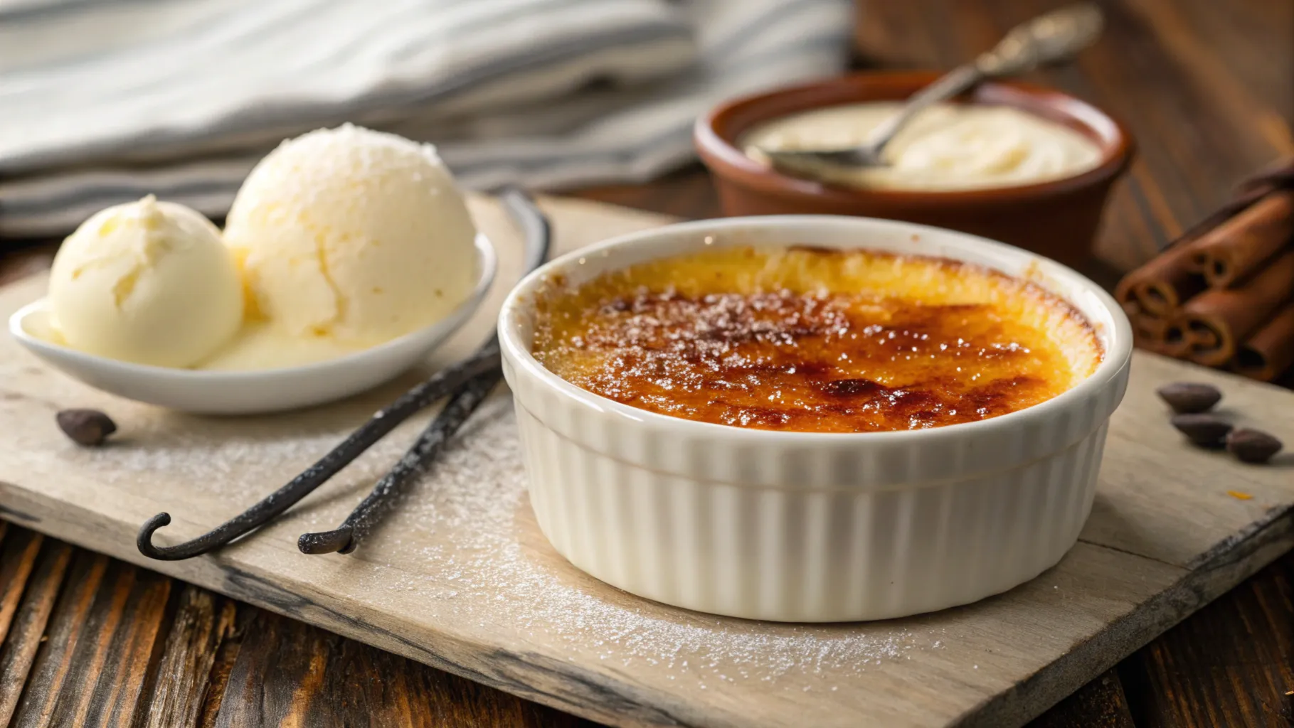 Perfectly caramelized crème brûlée on a rustic table.