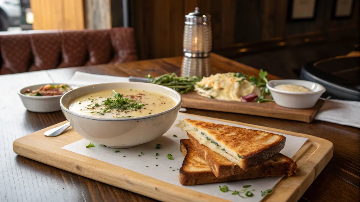 Creamy potato soup with grilled cheese sandwich on a rustic table.