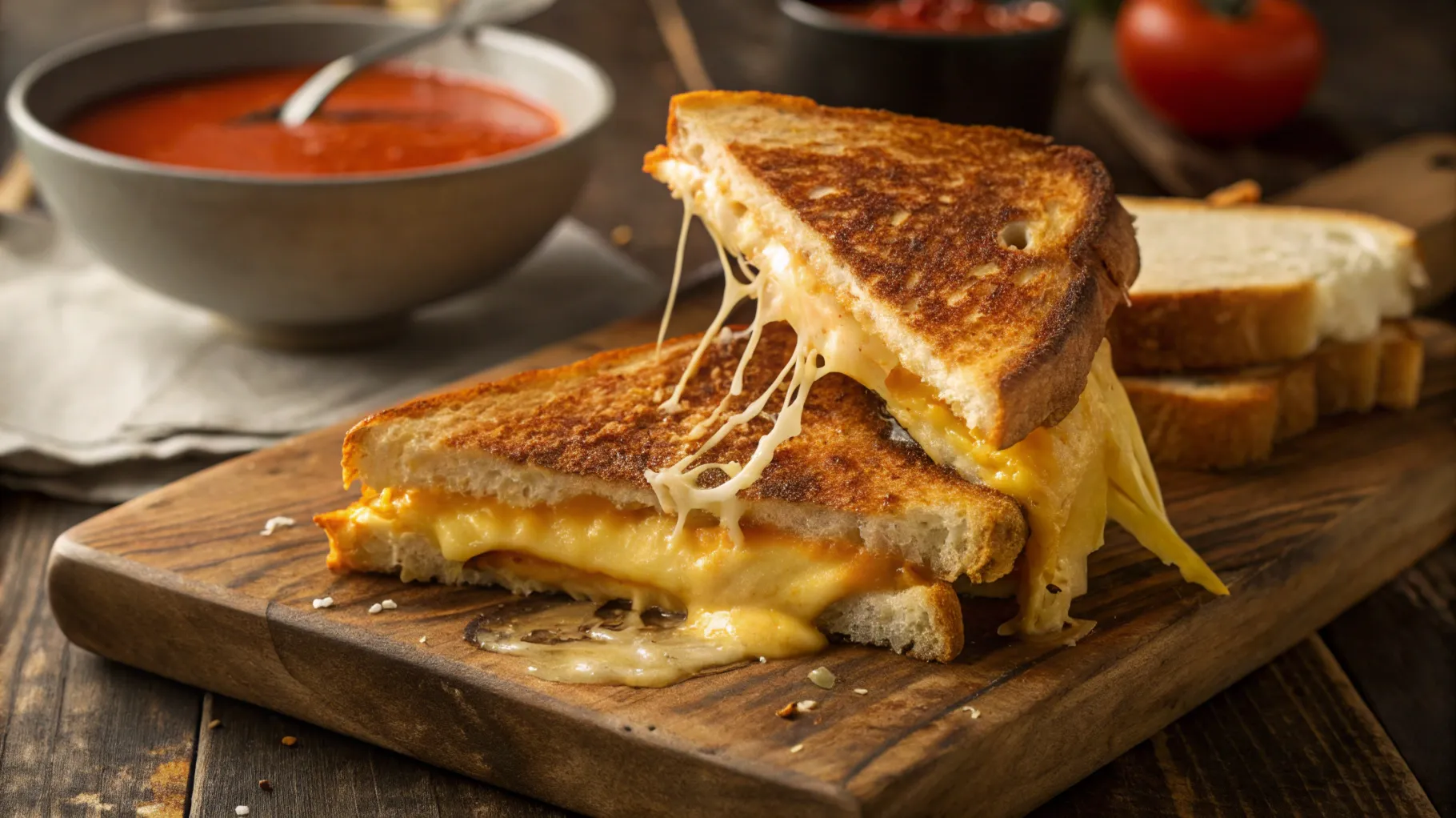 Golden grilled cheese sandwich with melted cheese and tomato soup