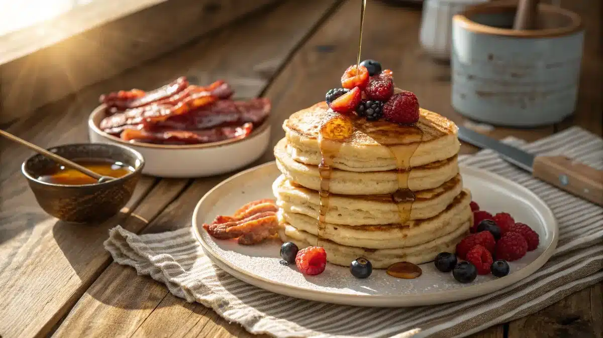 Fluffy pancakes with berries, syrup, and bacon for breakfast.