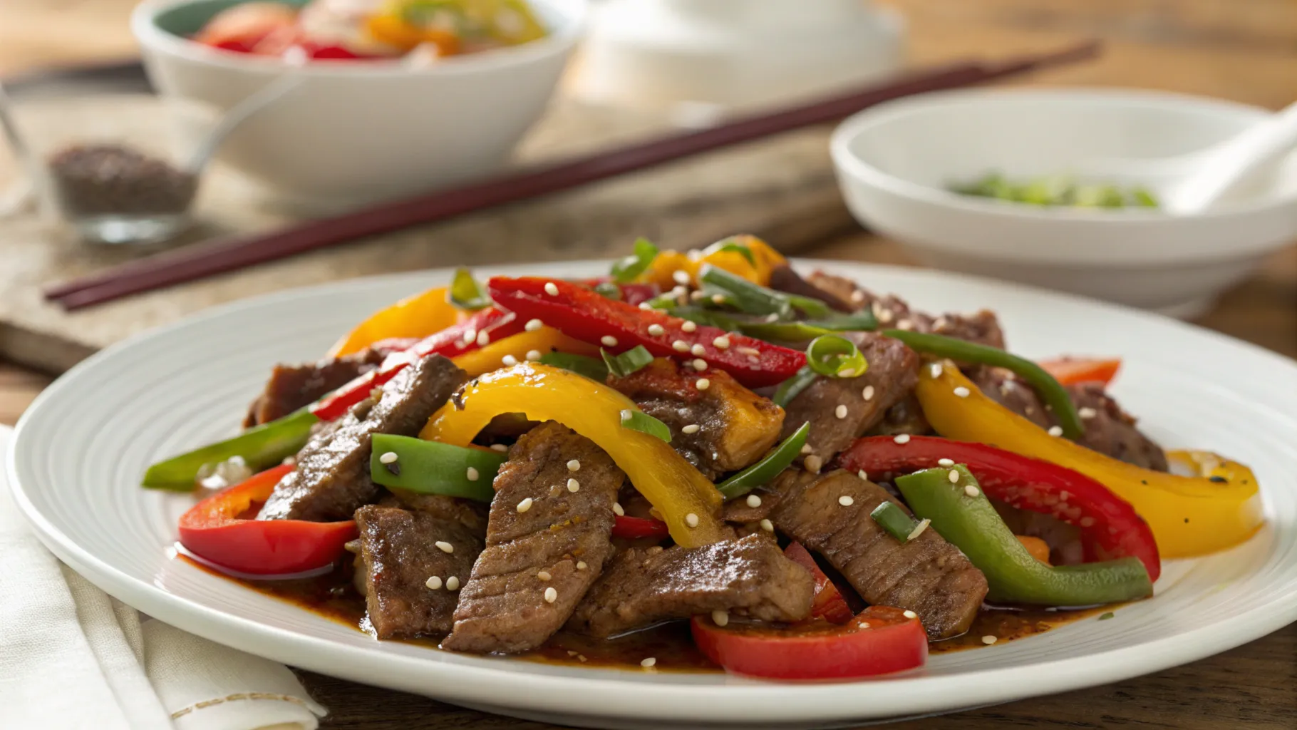 Pepper steak recipe with beef, bell peppers, and savory sauce