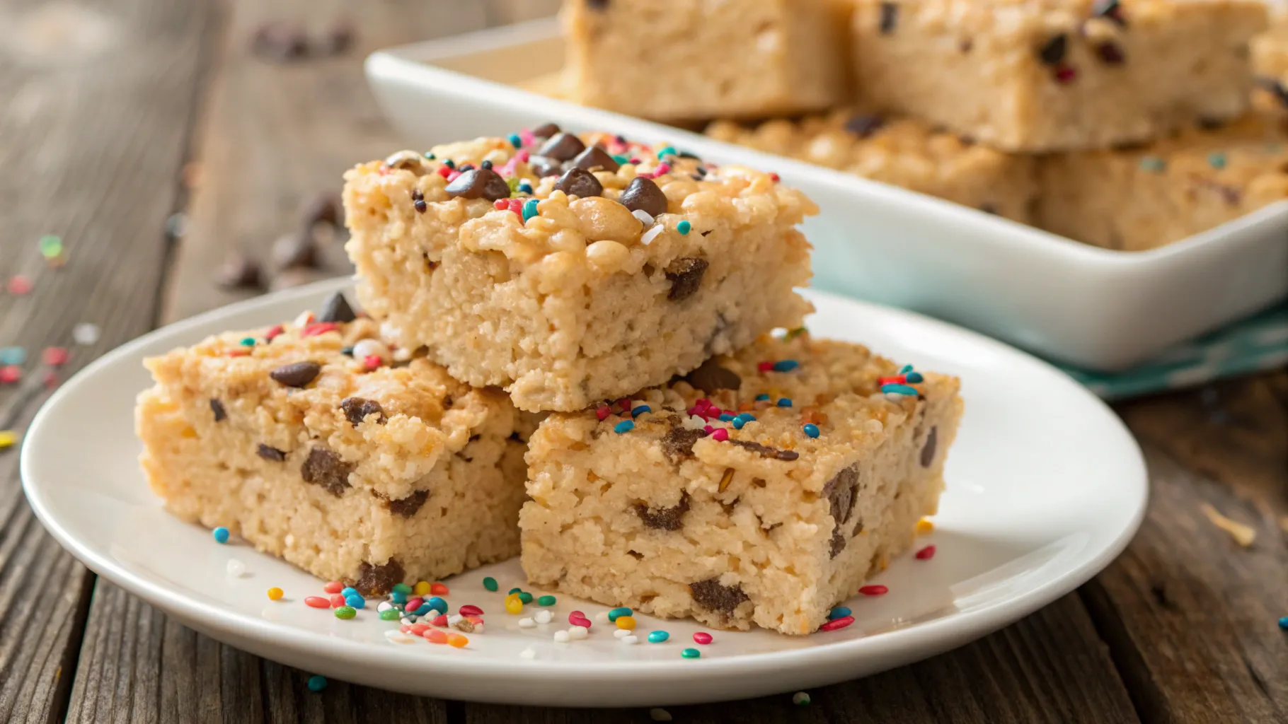 A plate of freshly made rice krispie treats with colorful sprinkles.