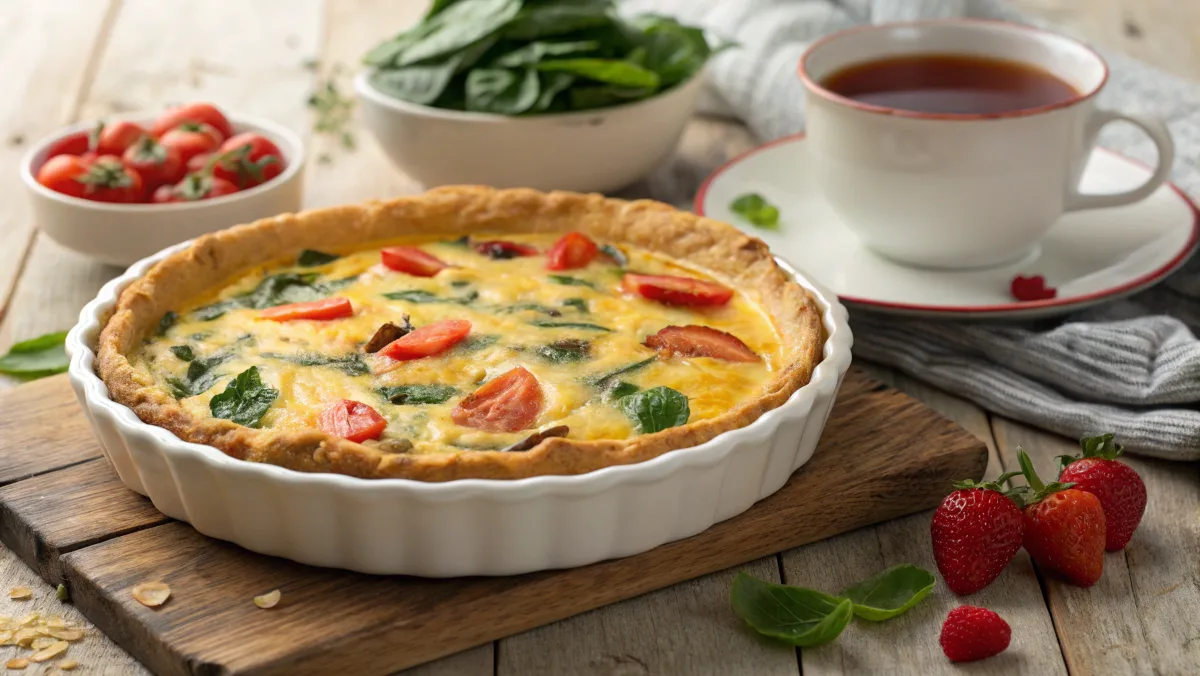 Breakfast tortilla quiche bake with fresh herbs and sides