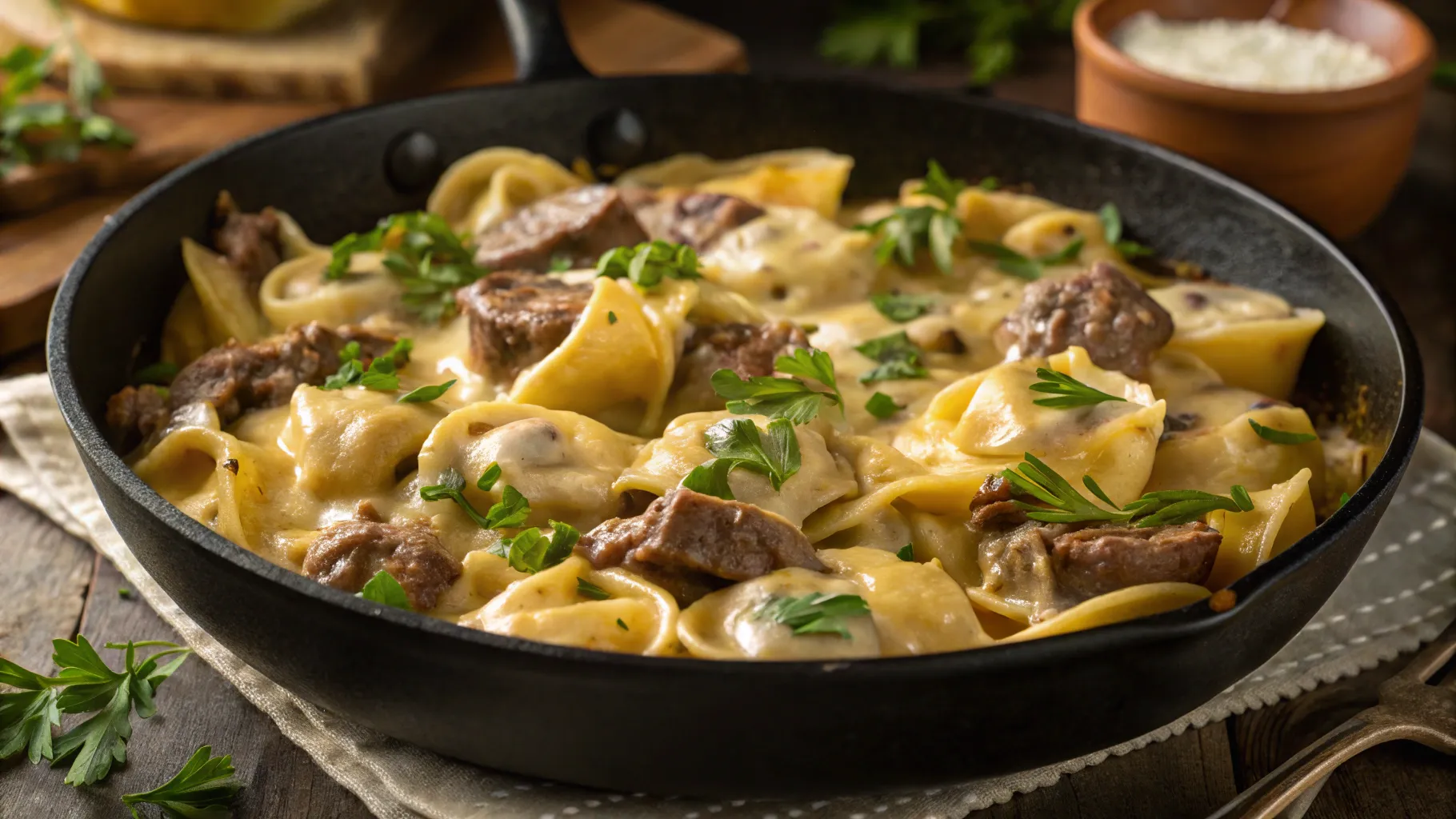 Skillet of Philly Cheesesteak Tortellini