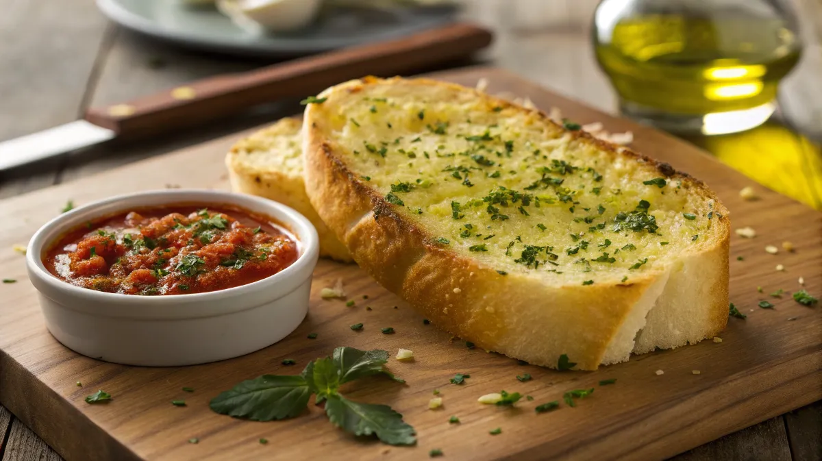 Crispy garlic bread with melted butter and herbs, served with marinara sauce.