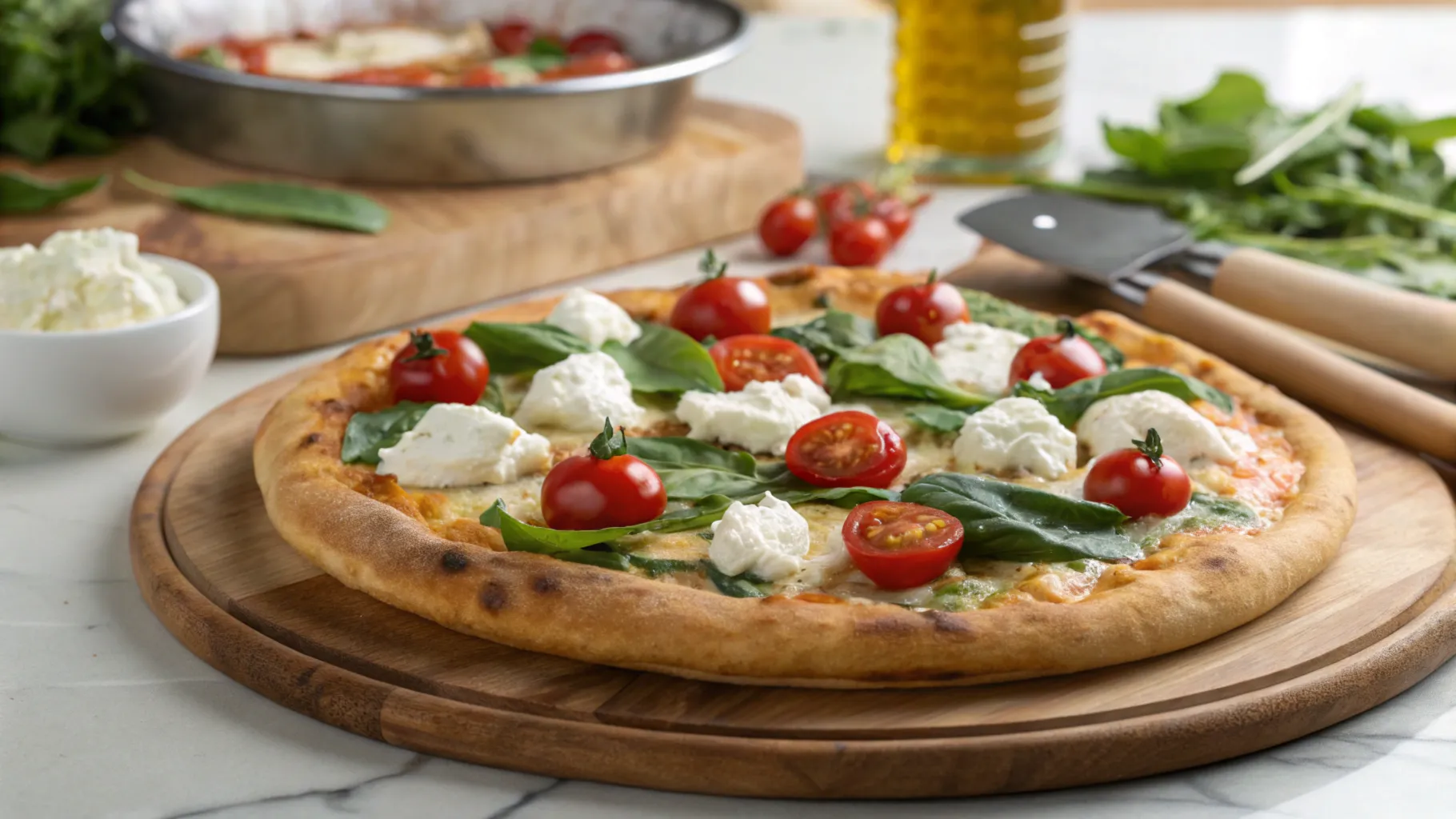 Fresh pizza topped with cottage cheese and vegetables.