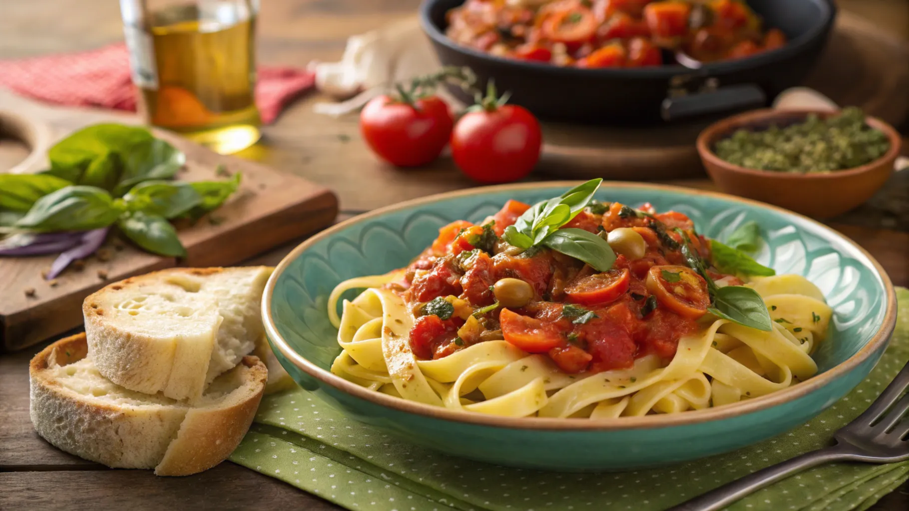 Plate of pasta with quick vegan pasta sauce and fresh salad.