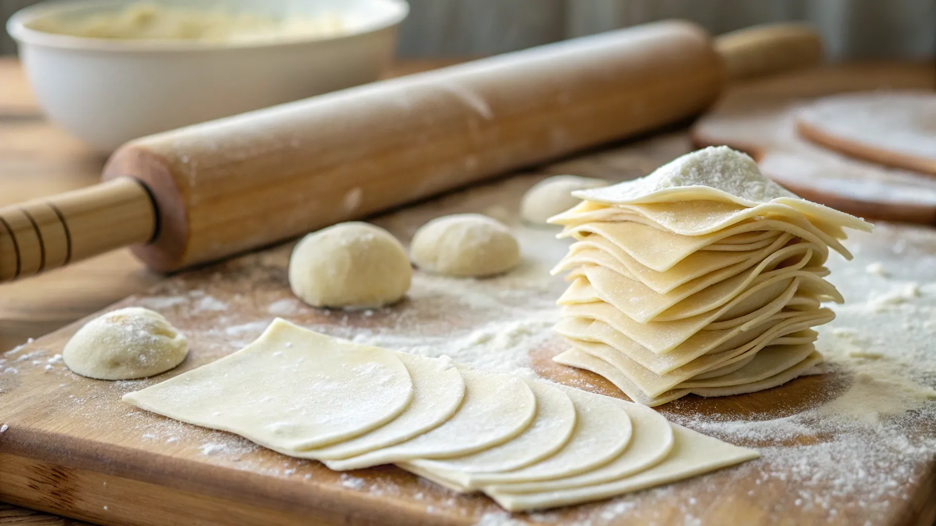 Close-up of soup dumpling wrappers being prepared on a wooden surface.