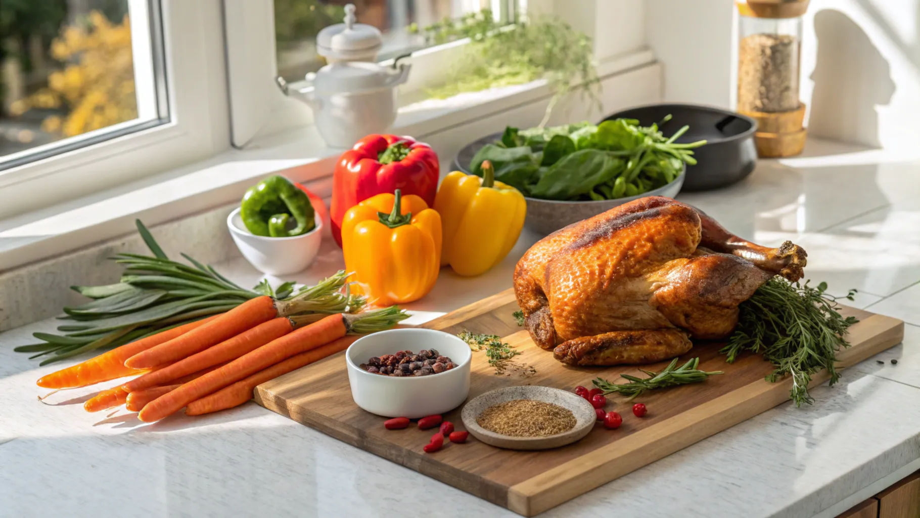 Rotisserie chicken with fresh vegetables and herbs.