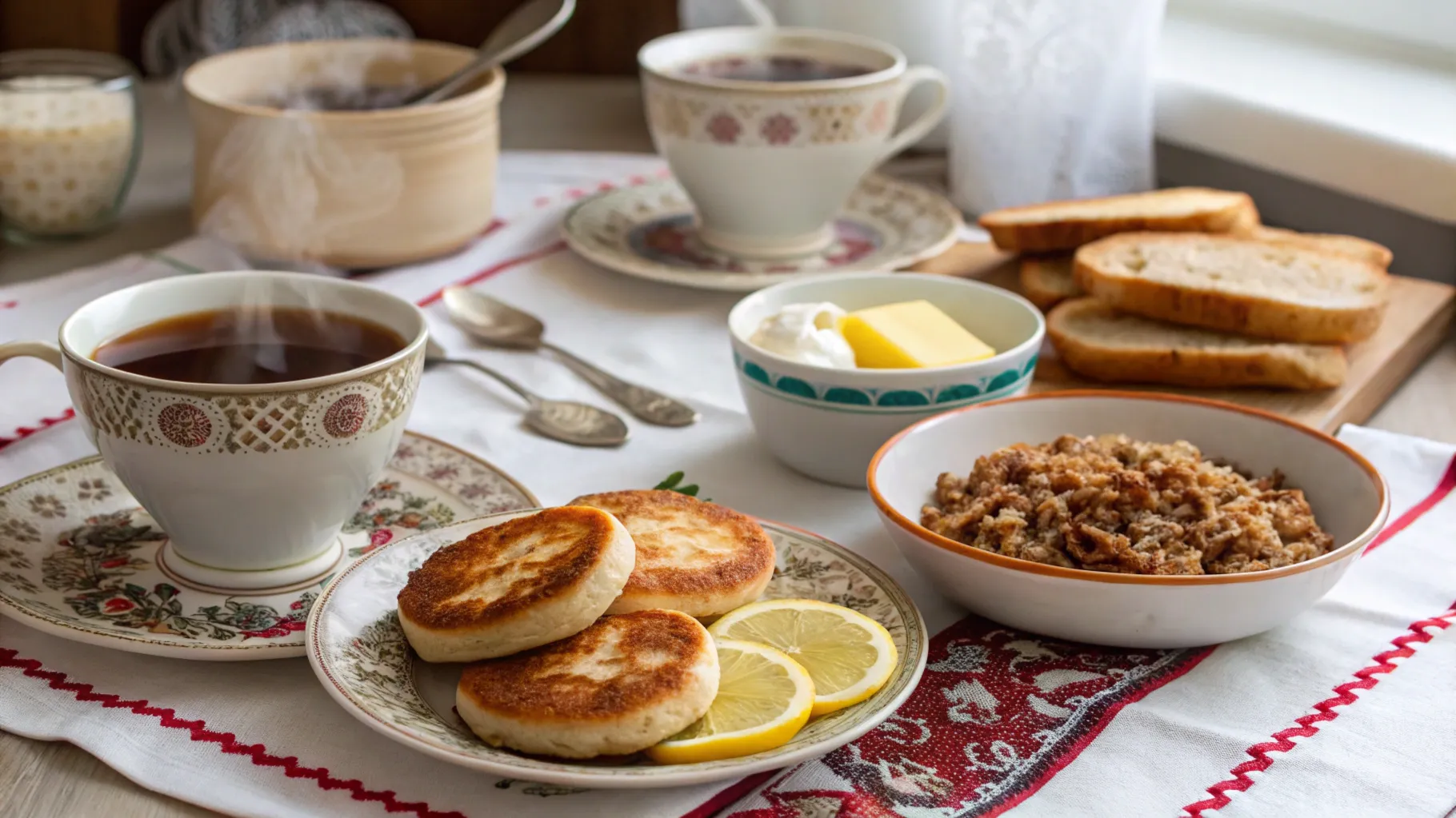 Traditional Russian breakfast table with tea, syrniki, and kasha.