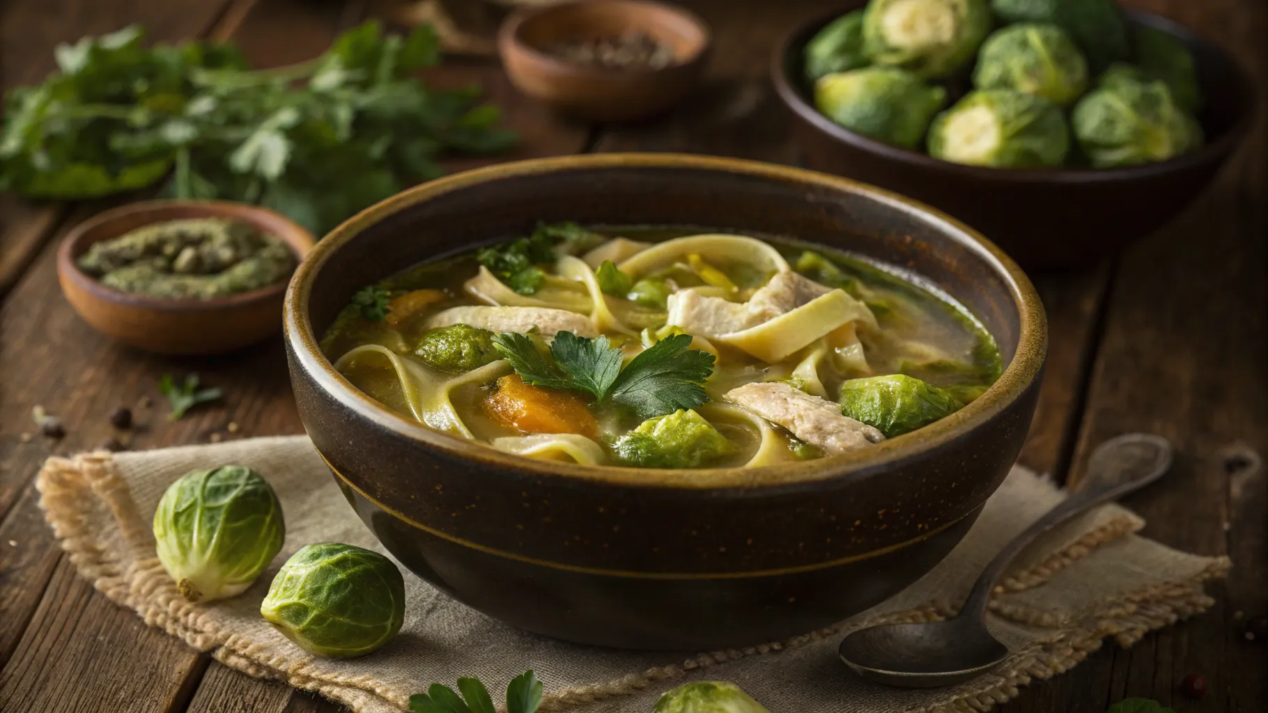 Rustic bowl of Brussels sprouts chicken noodle soup with fresh herbs and steam rising.