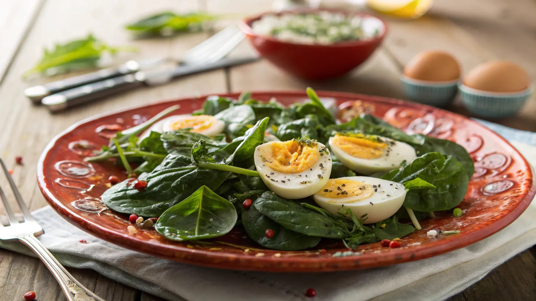 Spinach with boiled eggs served on a rustic plate.