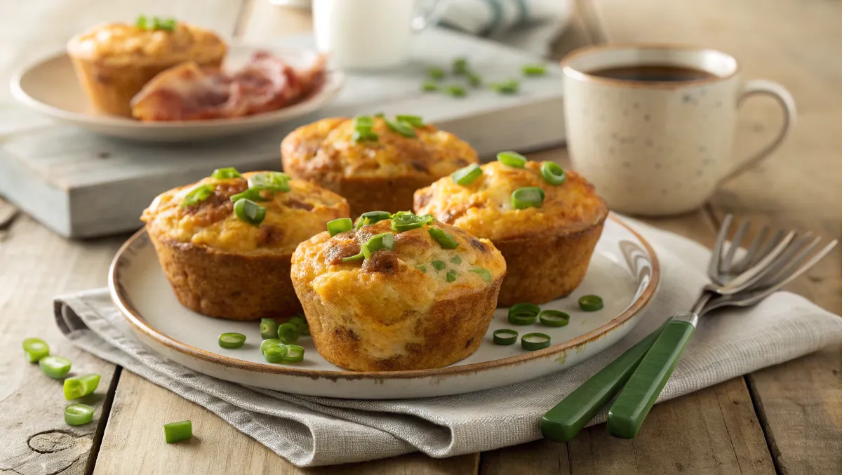 Golden brown savory breakfast muffins with melted cheese and crispy bacon on a wooden table.