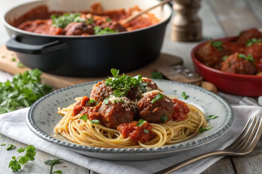 A plate of spaghetti and meatballs garnished with parsley.