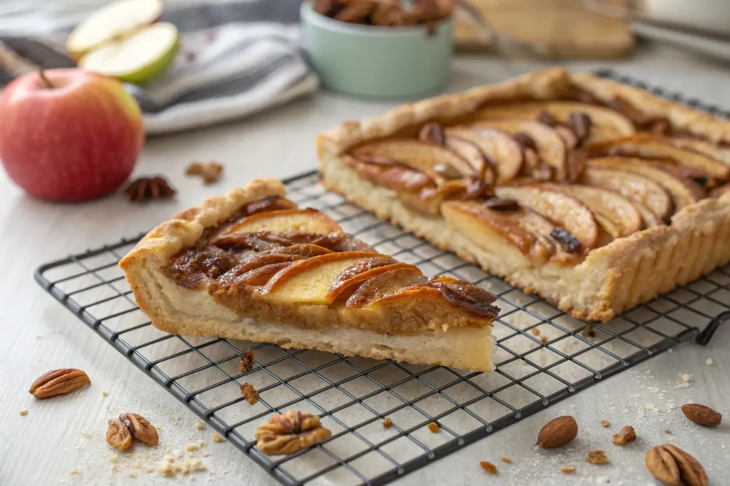 Freshly baked apple and pecan Danish pastry tart on cooling rack.