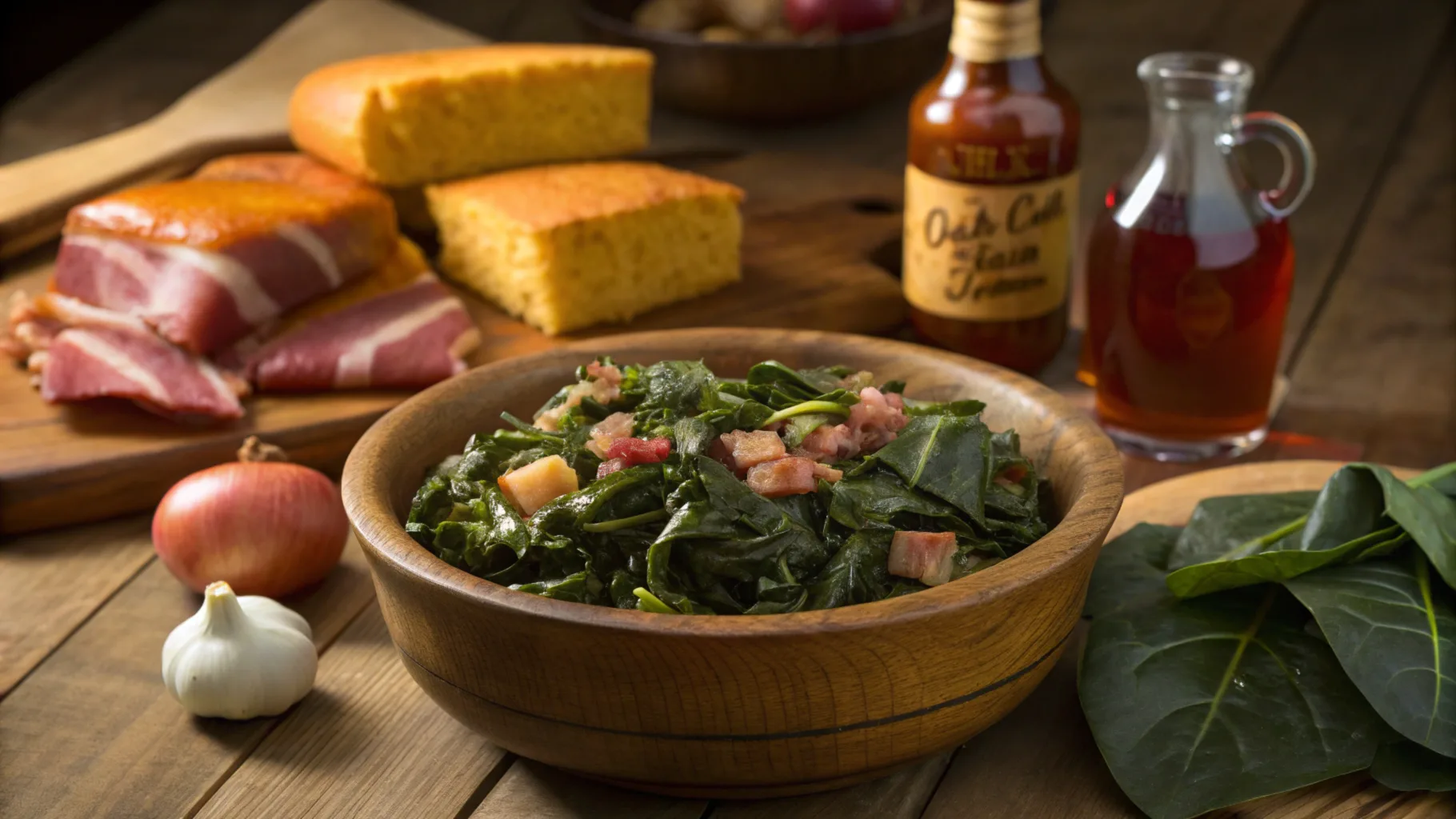 Southern-style collard greens in a rustic bowl with cornbread and smoked ham hocks.