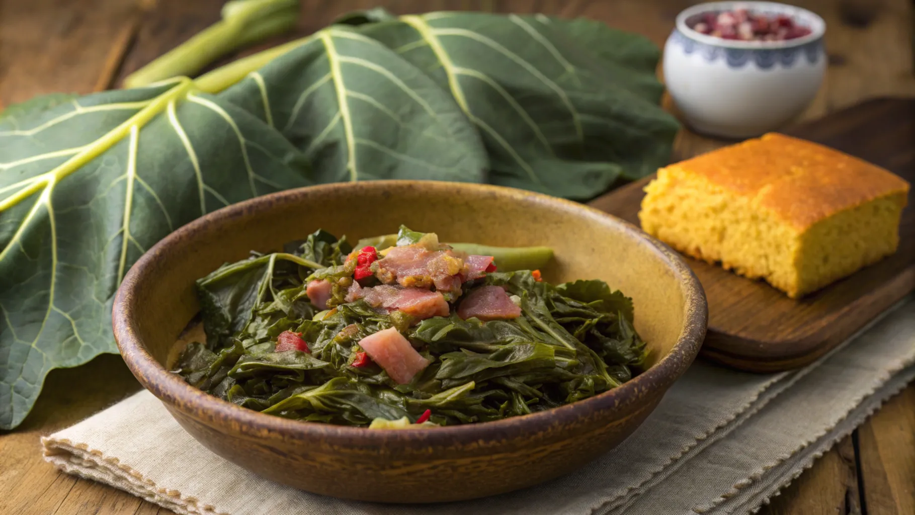 Southern-style collard greens with smoked meat and cornbread