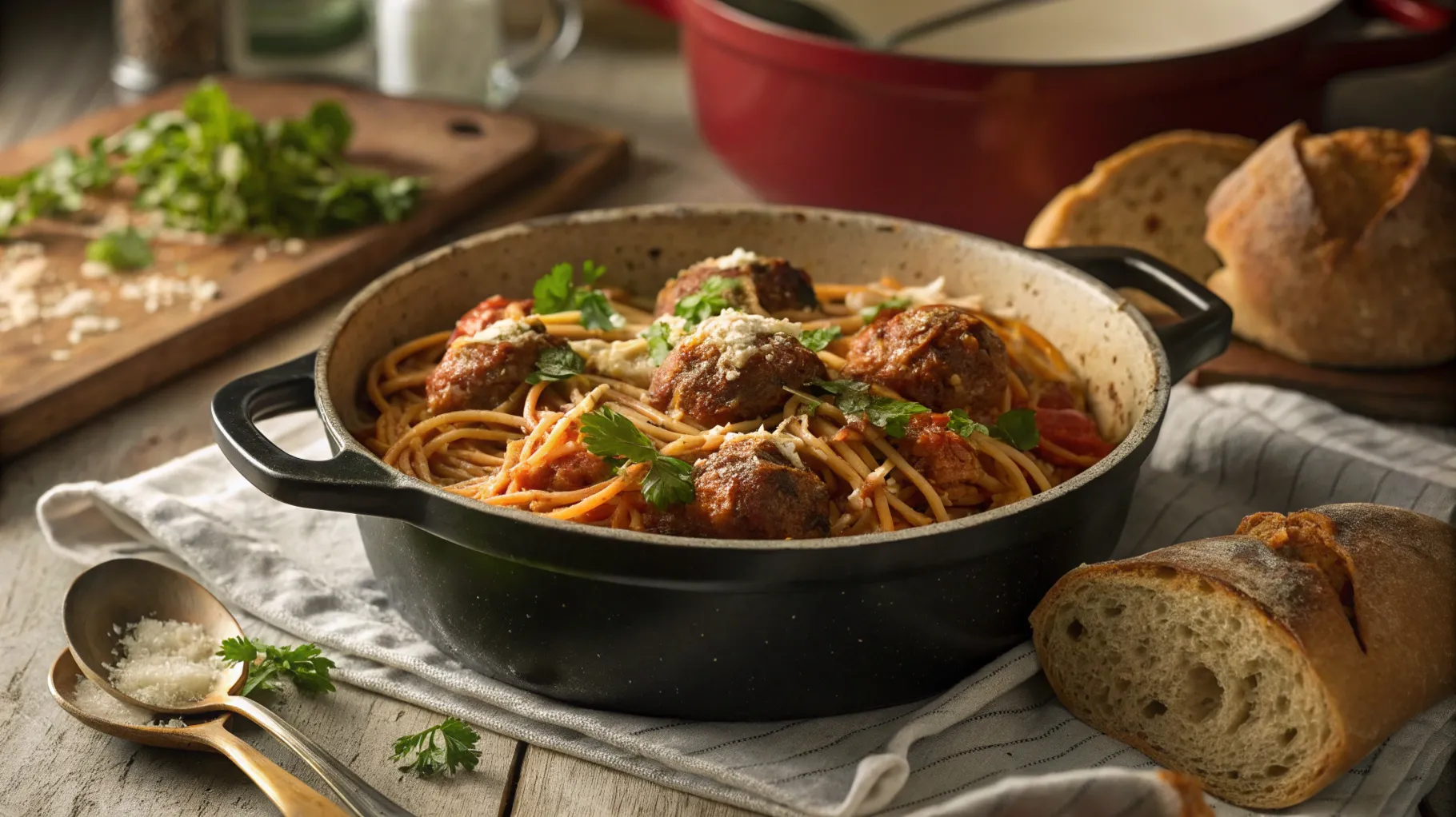 Dutch oven filled with spaghetti and meatballs garnished with parsley.