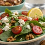 Spinach salad with feta, tomatoes, walnuts, and lemon wedge.