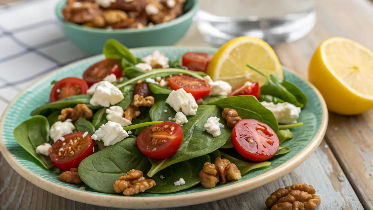 Spinach salad with feta, tomatoes, walnuts, and lemon wedge.