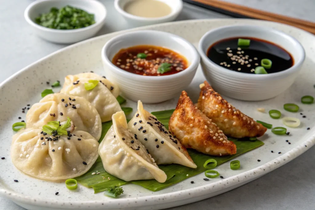Three styles of vegan dumplings served with various dipping sauces.