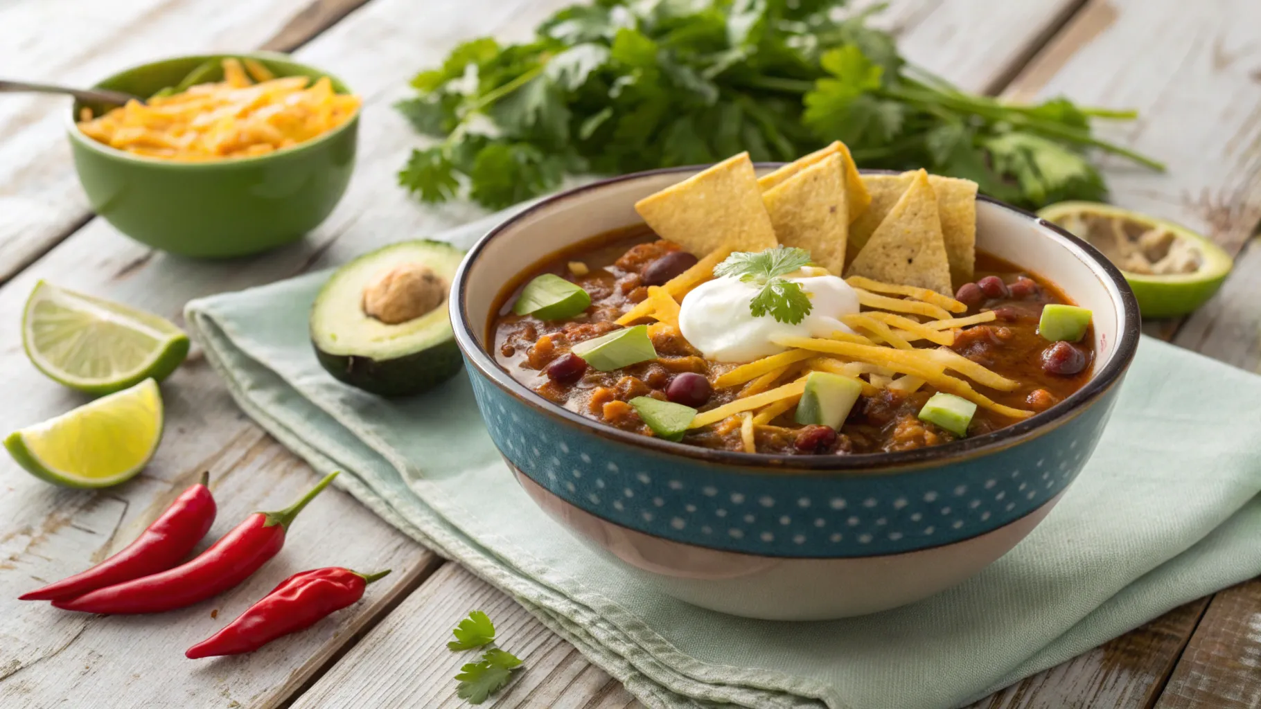 A hearty bowl of taco soup frios recipe with fresh toppings.