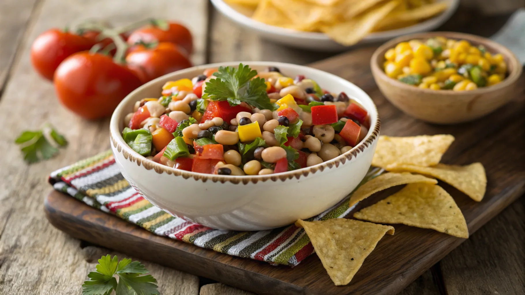 Bowl of vibrant Texas caviar with tortilla chips