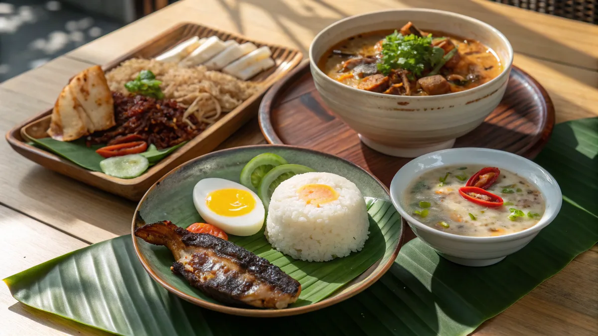 Asian breakfast spread featuring congee, miso soup, nasi lemak, and pho.