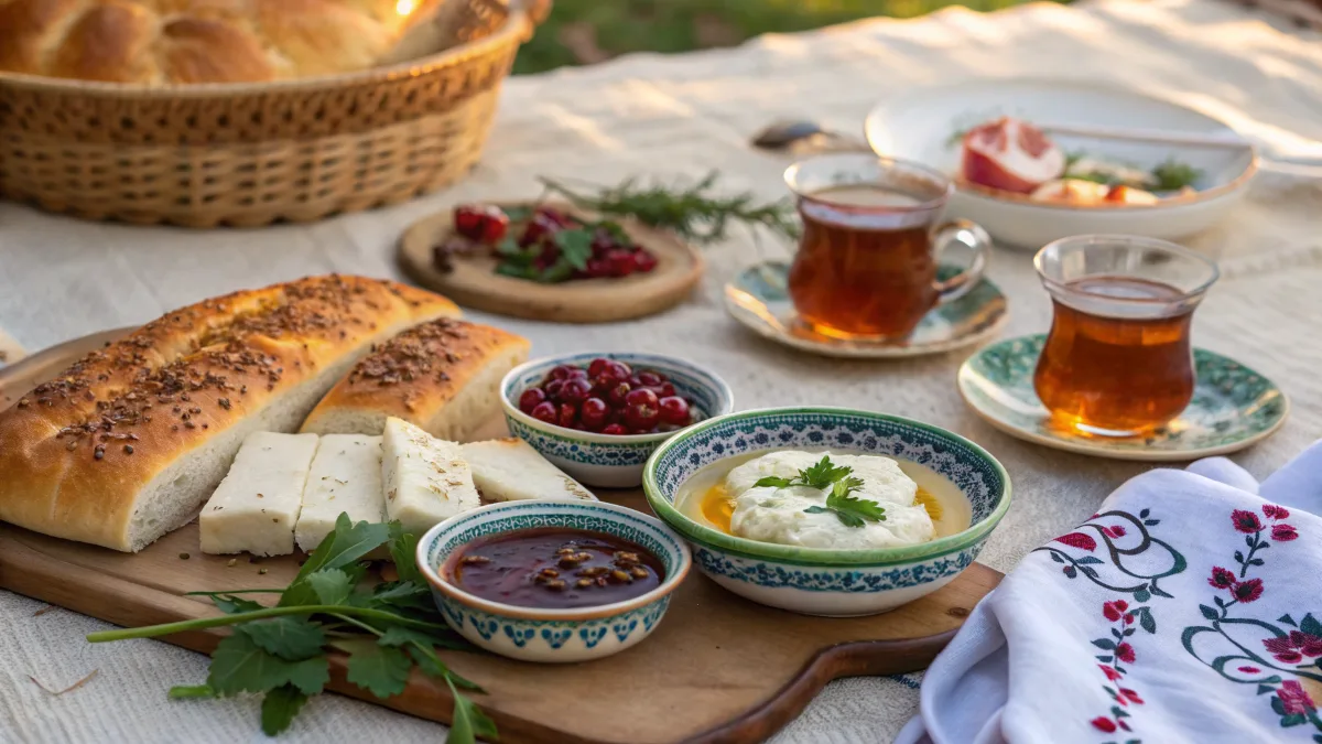 Persian breakfast spread with Barbari bread, cheese, jam, and tea