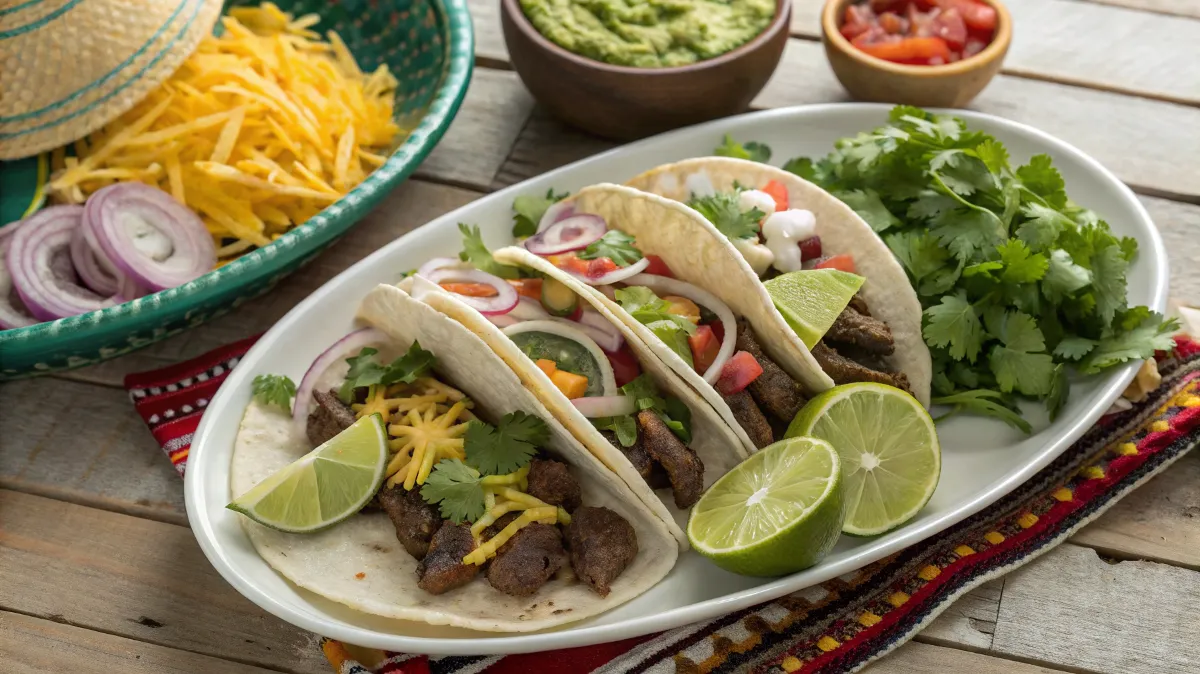 Beef taco platter with various toppings like cheese, cilantro, onions, and guacamole.