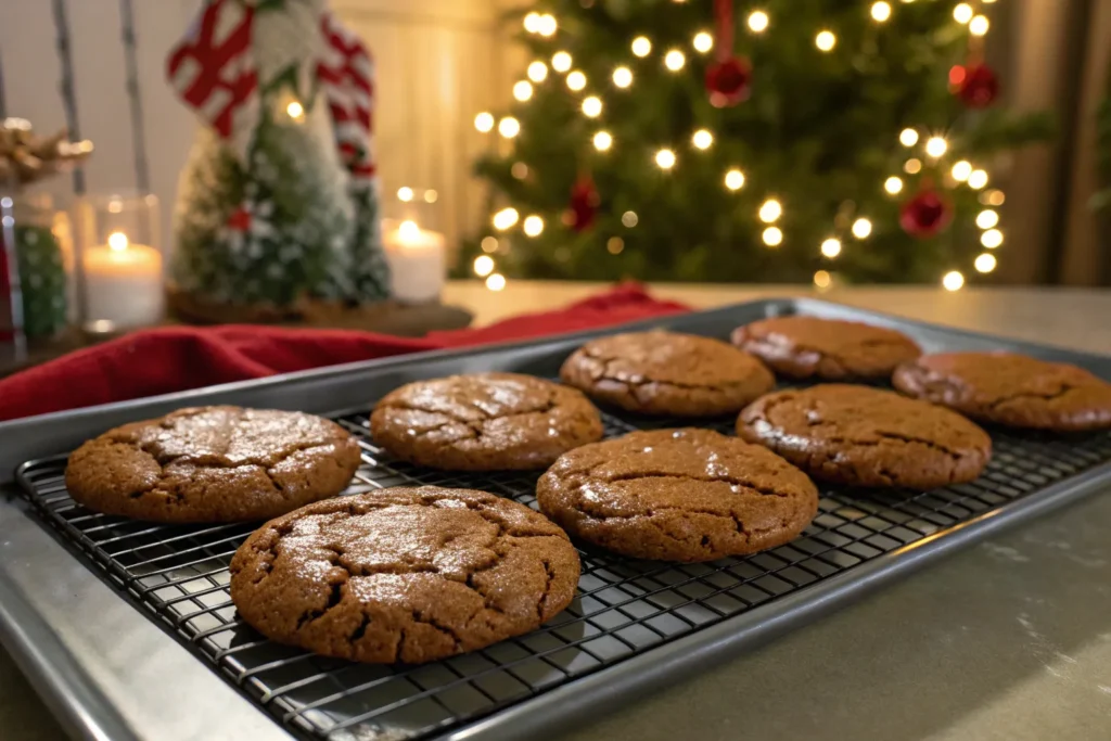 Tray of Vermont chewy molasses cookies cooling on a wire rack.