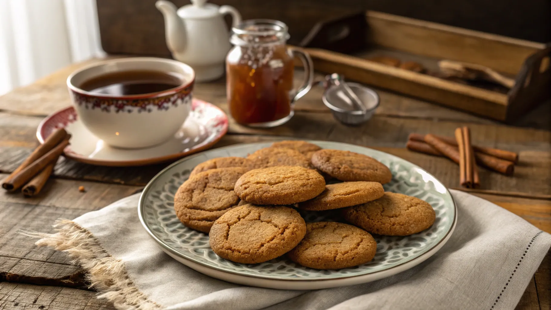 Freshly baked Vermont chewy molasses cookies on a rustic table.