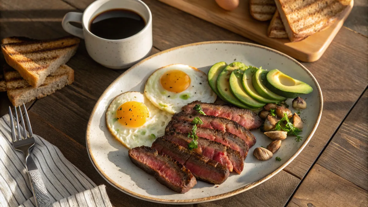 Luxurious Wagyu beef breakfast spread with steak, eggs, and avocado toast.