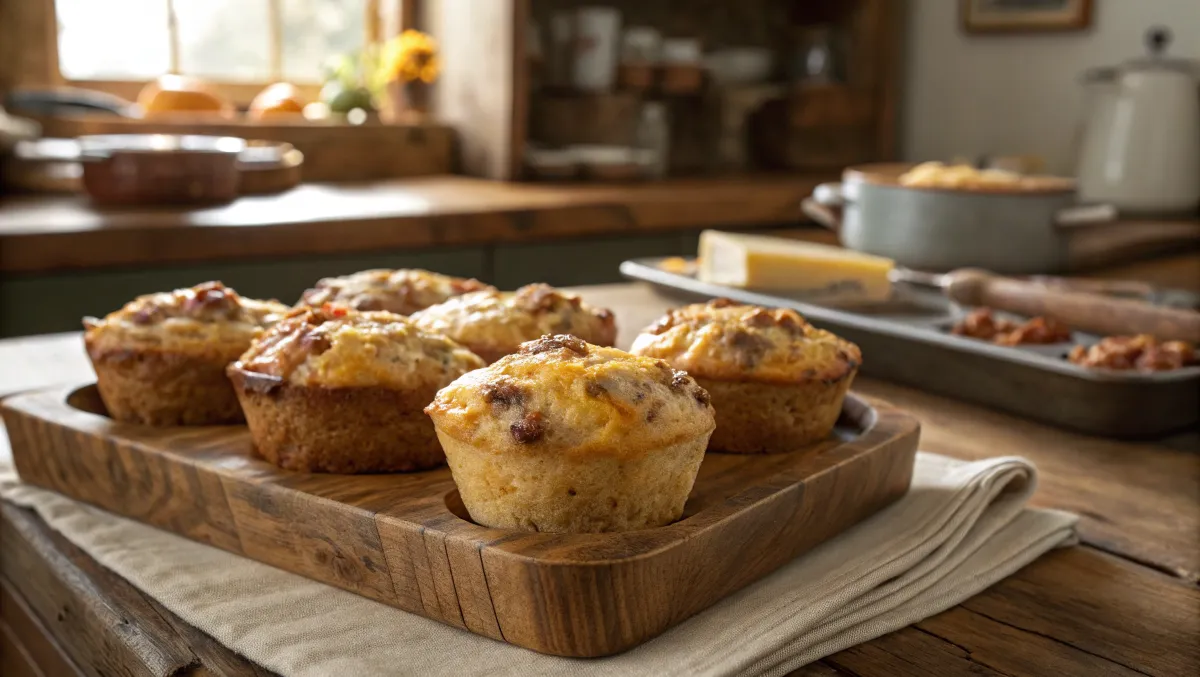 Freshly baked sausage breakfast muffins with melted cheese.