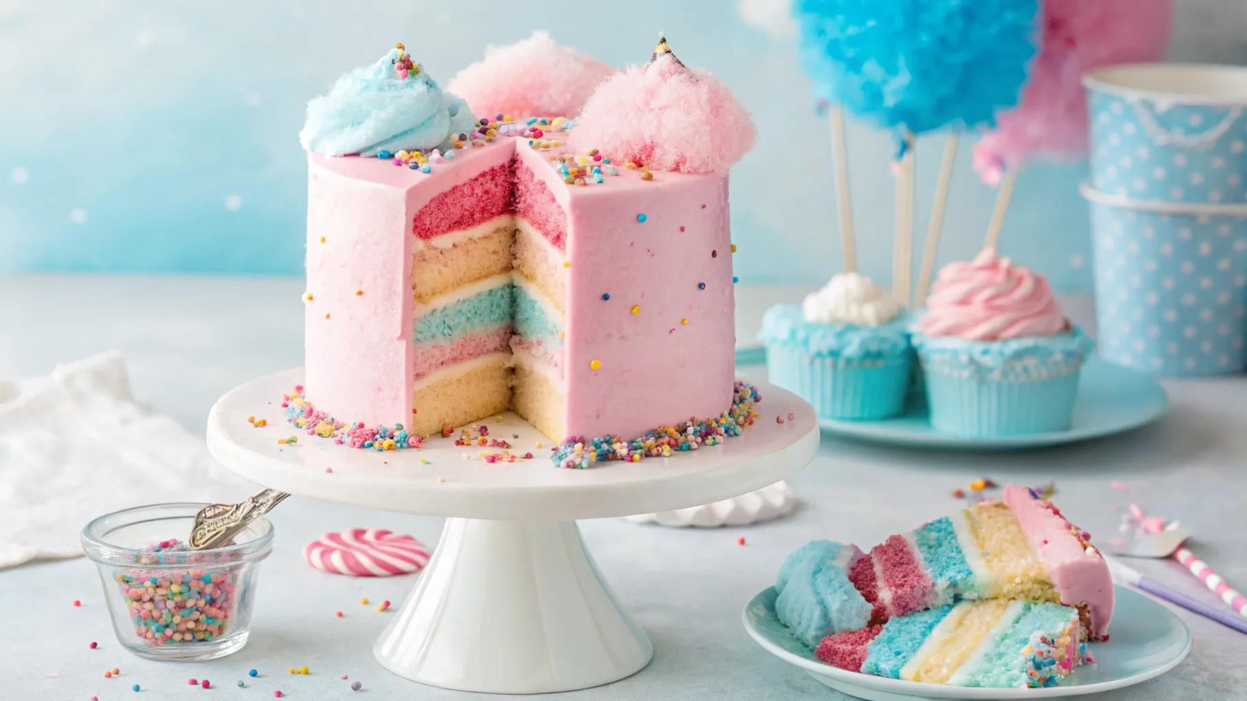 Cotton Candy Cake with pink and blue layers topped with spun sugar.