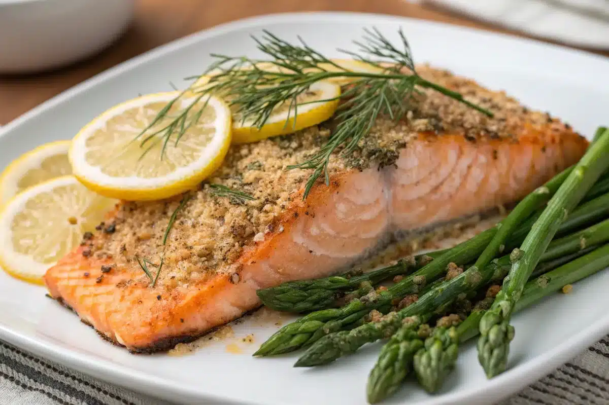 Golden-crusted lemon herb salmon garnished with fresh dill and lemon slices.