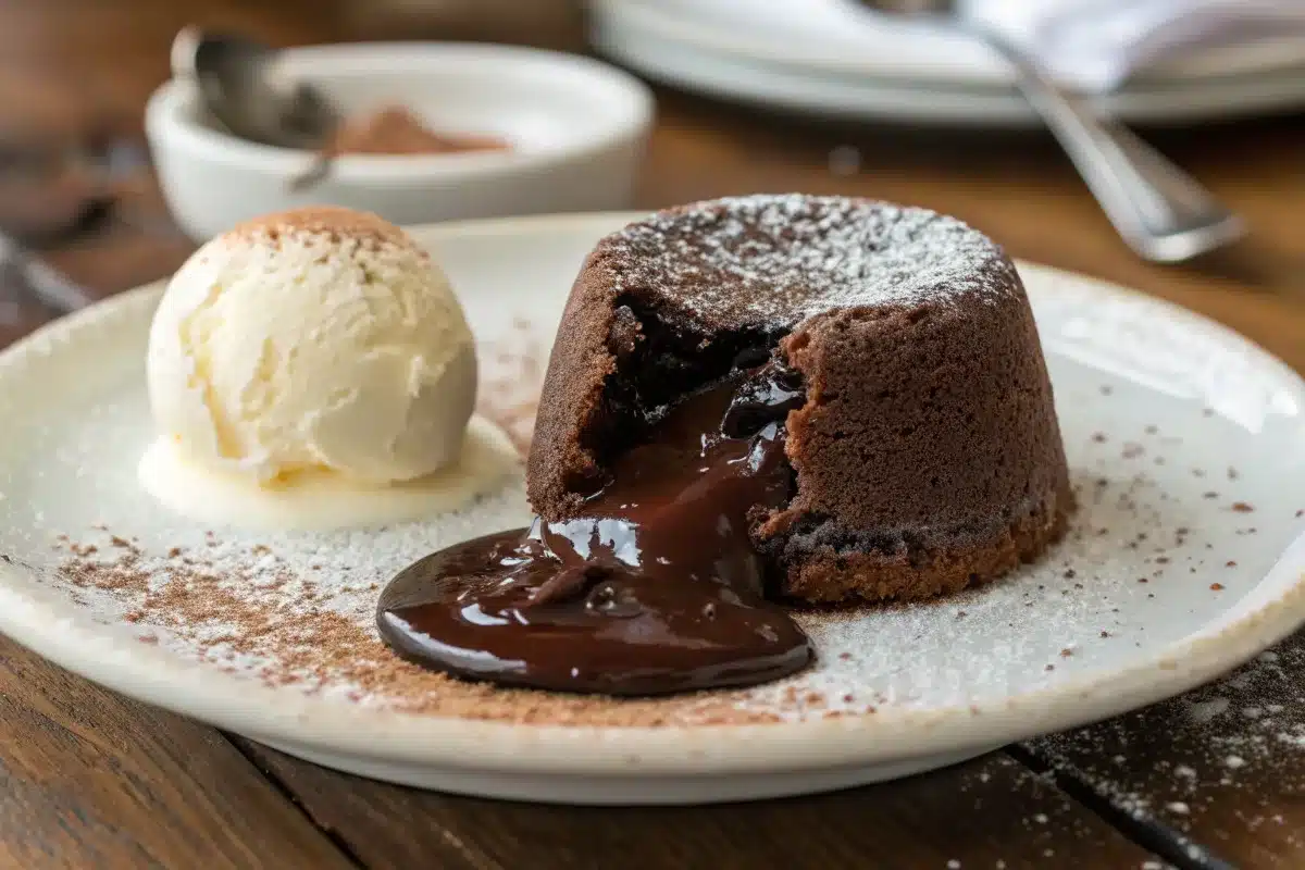 Dairy-free chocolate lava cake with a molten center and vanilla ice cream.