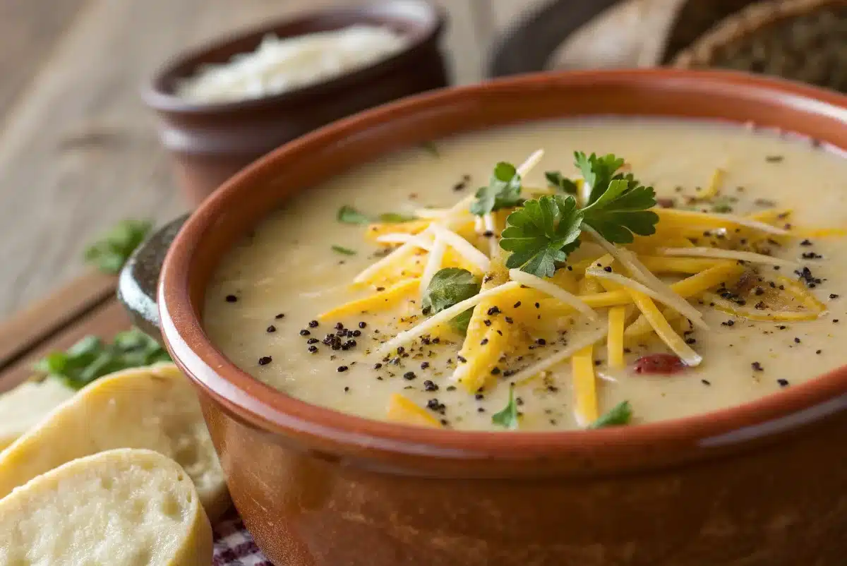 creamy potato soup in a crock pot, topped with cheese and parsley