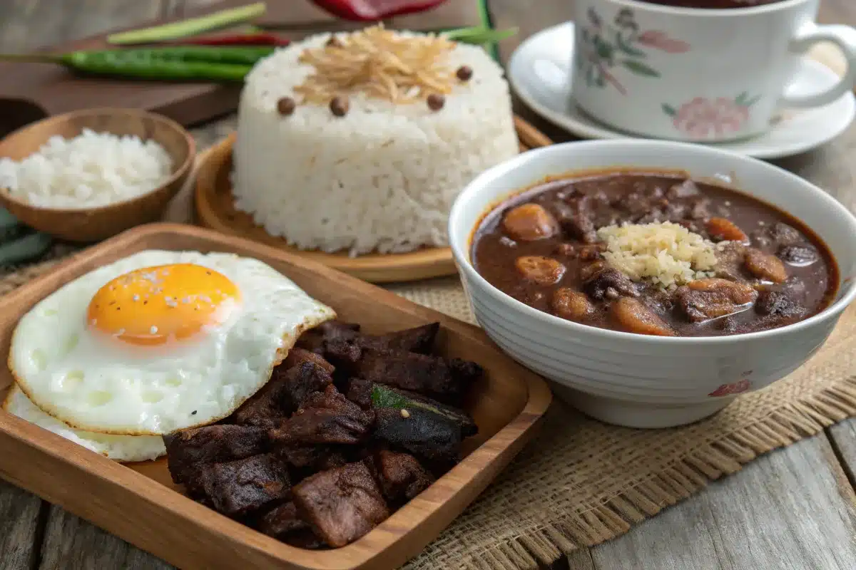 Classic Filipino breakfast plate with tapsilog, champorado, and a cup of Kapeng Barako.