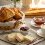 French breakfast food with croissants, café au lait, and baguette.