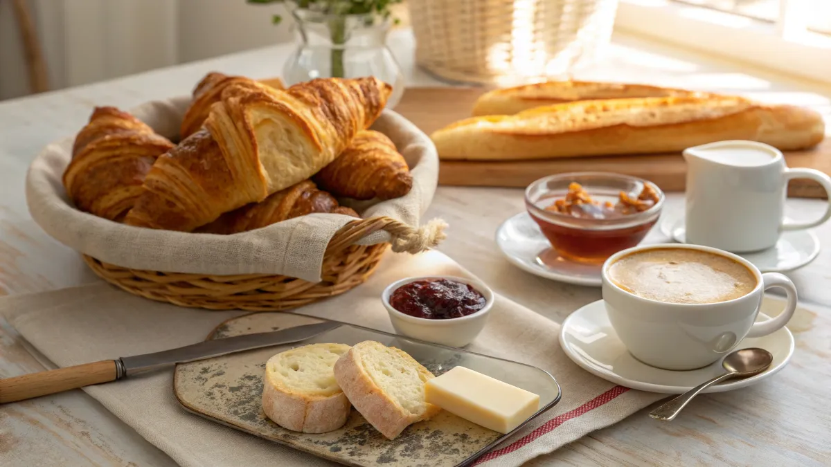 French breakfast food with croissants, café au lait, and baguette.