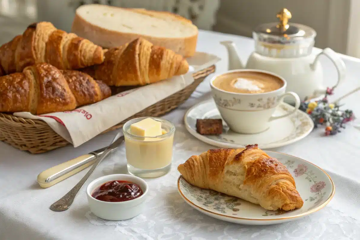 A classic French breakfast table with freshly baked croissants, a basket of bread, butter, jam, and a cup of café au lait, set on an elegant white tablecloth with floral details.
