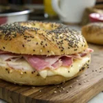 Freshly baked poppy sandwich with ham and melted cheese