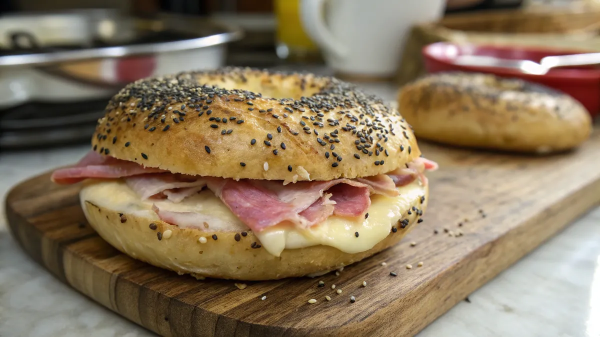 Freshly baked poppy sandwich with ham and melted cheese