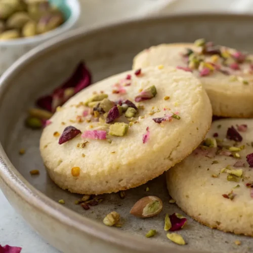 Golden rose and pistachio shortbread cookies with a delicate, crumbly texture